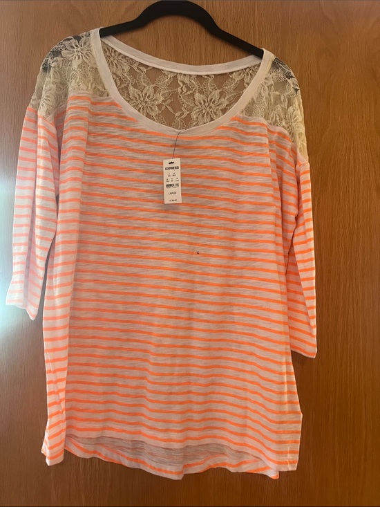 Express Tops - Express Women's Neon Coral & White Striped Lace-Back Tee